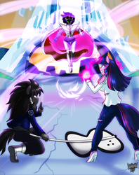 Size: 3571x4500 | Tagged: safe, artist:danmakuman, king sombra, twilight sparkle, oc, anthro, g4, anthro oc, ass, butt, clothes, commission, crystal empire, female, fight, high heels, male, mare, pants, shoes, stallion, twibutt
