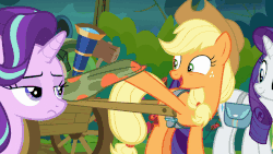 Size: 864x486 | Tagged: safe, screencap, applejack, rarity, starlight glimmer, pony, g4, the mean 6, animated, animation error, camping outfit, female, parka, starlight glimmer is not amused, unamused