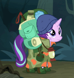 Size: 454x474 | Tagged: safe, screencap, starlight glimmer, pony, unicorn, g4, season 8, the mean 6, animated, backpack, camping outfit, cute, female, glimmerbetes, hat, lantern, mare, messy mane, parka, solo