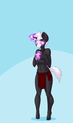 Size: 1500x2500 | Tagged: safe, artist:limebreaker, part of a set, oc, oc:s.leech, unicorn, anthro, unguligrade anthro, amulet, bald face, blaze (coat marking), clothes, coat markings, facial markings, girly, glowing, glowing eyes, glowing horn, horn, jewelry, loincloth, male, male to futa, partial nudity, topless, transformation