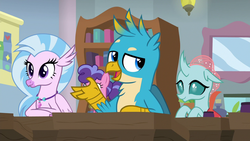 Size: 1280x720 | Tagged: safe, screencap, gallus, ocellus, silverstream, changedling, changeling, classical hippogriff, griffon, hippogriff, a rockhoof and a hard place, g4, female, male, smiling