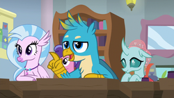 Size: 1280x720 | Tagged: safe, screencap, berry bliss, gallus, ocellus, silverstream, changedling, changeling, classical hippogriff, griffon, hippogriff, a rockhoof and a hard place, g4, female, friendship student, male