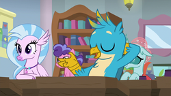 Size: 1280x720 | Tagged: safe, screencap, gallus, ocellus, silverstream, griffon, a rockhoof and a hard place, g4, eyes closed, female, male