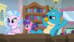 Size: 1280x720 | Tagged: safe, screencap, gallus, ocellus, silverstream, griffon, a rockhoof and a hard place, g4, cute, diastreamies, gallabetes, leaning back, paws