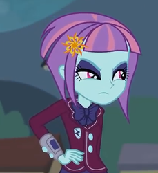 Size: 422x460 | Tagged: safe, screencap, sunny flare, equestria girls, g4, my little pony equestria girls: friendship games, angry, clothes, cropped, crystal prep academy uniform, female, hand on hip, school uniform, sunny flare's wrist devices