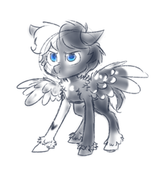 Size: 495x526 | Tagged: safe, artist:jitterbugjive, oc, oc only, oc:slate, pegasus, pony, annoyed, blue eyes, coat markings, fluffy, pinto, solo, spread wings, two toned mane, two toned wings, wings