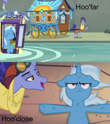 Size: 1280x1440 | Tagged: safe, edit, edited screencap, screencap, hoo'far, trixie, pony, saddle arabian, unicorn, g4, road to friendship, clothes, duo, female, hoo'far's wagon, male, mare, name pun, on back, open mouth, pun, river, smiling, stallion, trixie is not amused, trixie's wagon, unamused, water, you mad bro