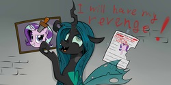 Size: 2788x1392 | Tagged: safe, artist:monsterglad, queen chrysalis, starlight glimmer, changeling, changeling queen, pony, unicorn, g4, female, head, i can't believe it's not idw, insanity, knife, mare, picture