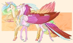 Size: 9600x5700 | Tagged: safe, artist:iceofwaterflock, princess celestia, queen novo, alicorn, classical hippogriff, hippogriff, pony, g4, my little pony: the movie, absurd resolution, crown, dewclaw, digital art, ethereal mane, female, horn, jewelry, lesbian, mare, novolestia, realistic, realistic anatomy, realistic horse legs, regalia, shipping, smiling, walking, wings