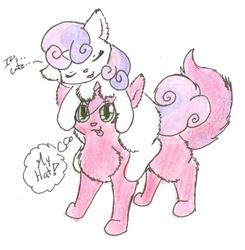 Size: 720x736 | Tagged: artist needed, source needed, safe, ruby pinch, sweetie belle, cat, pony, g4, catified, chest fluff, cute, female, hug, kitty belle, ponies riding ponies, pony hat, riding, species swap, sweetie belle riding ruby pinch, sweetiehat, traditional art