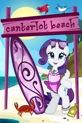 Size: 1200x1800 | Tagged: safe, artist:pixelkitties, rarity, crab, pony, g4, beach, bipedal, clothes, cute, female, glasses, hoof on hip, mare, one-piece swimsuit, pink swimsuit, raribetes, show accurate, standing on two hooves, surfboard, swimsuit