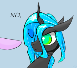Size: 2167x1904 | Tagged: safe, artist:creepypastapon3, queen chrysalis, starlight glimmer, changeling, changeling queen, g4, boop denied, colored pupils, dialogue, do not want, female, frown, glare, gray background, hooves, imminent boop, leaning back, looking at something, no, simple background, solo focus, unamused