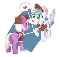 Size: 1082x1024 | Tagged: safe, artist:sion, appointed rounds, rainy day, pegasus, pony, g4, road to friendship, blushing, duo, duo female, female, hat, lesbian, letter, love letter, mailmare, mailmare hat, mailpony, mailpony uniform, mare, mouth hold, rainy rounds, shipping, spread wings, wings