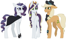 Size: 1605x949 | Tagged: safe, artist:sychia, mean applejack, mean rarity, oc, oc:rotten core, earth pony, pony, unicorn, icey-verse, g4, the mean 6, bandage, bandana, cape, clone, clothes, commission, cowboy hat, eyeshadow, family, female, gameloft interpretation, hat, lesbian, magical lesbian spawn, makeup, mare, messy mane, mother and daughter, next generation, offspring, parent:mean applejack, parent:mean rarity, parents:mean rarijack, ship:mean rarijack, shipping, simple background, tape, transparent background