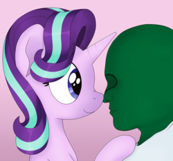 Size: 1063x993 | Tagged: safe, artist:noosa, starlight glimmer, oc, oc:anon, human, pony, unicorn, g4, boop, canon x oc, female, gradient background, human male, human male on mare, human on pony action, interspecies, male, mare, nose to nose, noseboop, smiling, straight, waifu