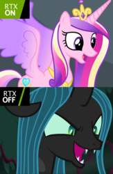 Size: 939x1439 | Tagged: safe, princess cadance, queen chrysalis, alicorn, pony, equestria games (episode), g4, the mean 6, comparison, cute, cutealis, cutedance, duo, duo female, female, glare, happy, mare, meme, nvidia, open mouth, rtx, smiling, smirk, spread wings, wings