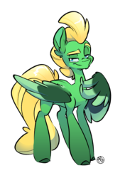 Size: 1518x2160 | Tagged: safe, artist:kez, oc, oc only, oc:omega, pegasus, pony, blue eyes, green coat, simple background, smug, solo, transparent background, wing gesture, wings, yellow hair