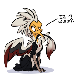 Size: 1991x1992 | Tagged: safe, artist:kez, oc, oc only, oc:mahlra, griffon, vulture, vulture griffon, biting, colored wings, confused, leonine tail, red eyes, simple background, solo, tail bite, talons, white background, wings