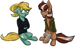 Size: 1024x649 | Tagged: safe, artist:lrusu, oc, oc only, oc:roulette, oc:sunny hymn, fallout equestria, clothes, eyebrows, eyebrows visible through hair, female, frown, leg wraps, mare, nervous laugh, ponytail, simple background, sitting, smiling, transparent background, unamused