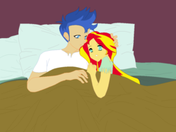 Size: 1022x765 | Tagged: safe, artist:kasumaky, flash sentry, sunset shimmer, equestria girls, g4, bed, female, male, ship:flashimmer, shipping, straight