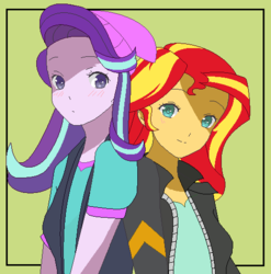 Size: 499x506 | Tagged: safe, artist:kasumaky, starlight glimmer, sunset shimmer, equestria girls, g4, anime, base used, beanie, best friends, blushing, clothes, female, hat, jacket, lesbian, ship:shimmerglimmer, shipping