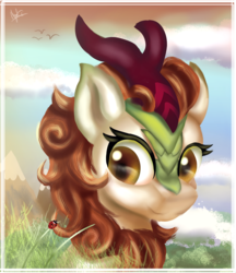 Size: 2253x2603 | Tagged: safe, artist:ilynalta, autumn blaze, insect, kirin, ladybug, g4, sounds of silence, bust, female, high res, looking at you, mountain, nature, solo