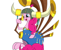 Size: 1850x1520 | Tagged: safe, artist:dualtry, pinkie pie, earth pony, pony, g4, yakity-sax, female, helmet, honorary yak horns, horned helmet, mare, open mouth, simple background, solo, transparent background, viking helmet, yovidaphone