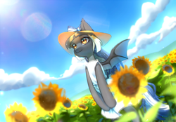 Size: 4000x2777 | Tagged: safe, artist:aphphphphp, oc, oc only, oc:midnight rush, bat pony, pony, bat pony oc, bat wings, beautiful, clothes, cloud, commission, cottagecore, day, digital art, female, flower, flying, hat, high res, mare, sky, smiling, spread wings, sunflower, wings, ych result