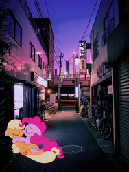 Size: 720x960 | Tagged: artist needed, safe, editor:lisaloudleijon, applejack, pinkie pie, earth pony, pony, g4, alternate universe, cute, female, japan, kissing, lesbian, mare, real life background, ship:applepie, shipping, tokyo, wallpaper