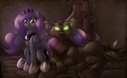 Size: 1280x790 | Tagged: safe, artist:sugaryviolet, princess luna, oc, oc:nyx'it, alicorn, golem, pony, timber wolf, fanfic:timberwolves: guardians of the everfree, g4, commission, fanfic, fanfic art, female, glowing eyes, leaves, looking at you, smiling