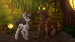 Size: 1280x720 | Tagged: safe, artist:sugaryviolet, oc, oc:apex, oc:grand, earth pony, golem, pony, timber wolf, fanfic:timberwolves: guardians of the everfree, commission, cutie mark, everfree forest, fanfic, fanfic art, female, forest, glowing eyes, grass, green eyes, signature, size difference, stairs
