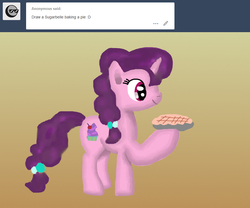 Size: 910x757 | Tagged: safe, artist:platinumdrop, sugar belle, pony, tumblr:ask-platinumdrop, g4, ask, female, food, pie, request, solo, tumblr