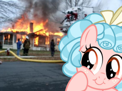 Size: 600x450 | Tagged: safe, artist:countess-clover, cozy glow, g4, marks for effort, burning, cozy glow is best facemaker, cozybetes, cute, disaster girl, foal, irl, meme, photo, pure concentrated unfiltered evil of the utmost potency, pure unfiltered evil, some mares just want to watch the world burn, some men just want to watch the world burn
