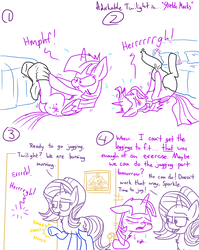 Size: 1280x1611 | Tagged: safe, artist:adorkabletwilightandfriends, starlight glimmer, twilight sparkle, alicorn, pony, unicorn, comic:adorkable twilight and friends, g4, adorkable, adorkable twilight, back, bed, bedroom, blushing, butt, clothes, comic, cute, dork, exercise, golden oaks library, humor, leggings, lineart, lying down, on back, plot, slice of life, socks, stretching, struggle, struggling, sweat, the struggle is real, thigh highs, twilight sparkle (alicorn)
