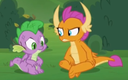Size: 1030x646 | Tagged: safe, screencap, smolder, spike, dragon, father knows beast, g4, cropped, crossed legs, dragoness, duo, female, male, sitting, winged spike, wings