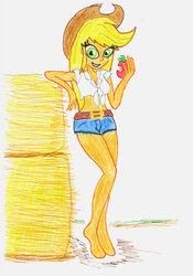 Size: 400x571 | Tagged: safe, artist:matmax426, applejack, human, g4, barefoot, clothes, feet, female, humanized, looking at you, simple background, traditional art, white background