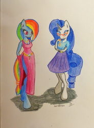 Size: 1101x1500 | Tagged: safe, artist:matmax426, rainbow dash, rarity, pegasus, unicorn, anthro, unguligrade anthro, g4, breasts, cleavage, clothes, duo, duo female, female, glasses, outfit, rainbow dash always dresses in style, side slit, simple background, standing, total sideslit, traditional art