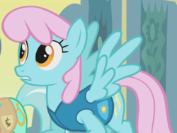 Size: 747x562 | Tagged: safe, screencap, electric blue, lyra heartstrings, pegasus, pony, g4, winter wrap up, background pony, cropped, female, mare, pink mane, pinkish, recolor, solo focus, spread wings, weather team, wings, winter wrap up vest