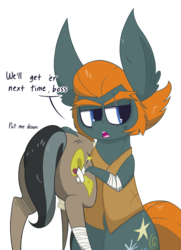 Size: 1264x1742 | Tagged: safe, artist:dragonpone, derpibooru exclusive, doctor caballeron, rogue (g4), earth pony, pony, bandage, butt, carrying, clothes, dialogue, duo, ear fluff, eyebrows, henchmen, lidded eyes, male, open mouth, over shoulder, plot, scar, simple background, stallion, transparent background, vest