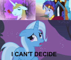 Size: 2560x2160 | Tagged: safe, edit, edited screencap, screencap, hoo'far, prince blueblood, trixie, pony, saddle arabian, unicorn, boast busters, g4, road to friendship, the best night ever, female, high res, indecision, love triangle, male, mare, ship:bluetrix, shipping, stallion, straight, trixfar, trixie gets all the stallions