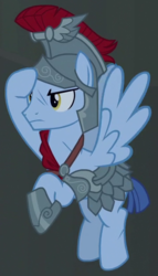 Size: 355x620 | Tagged: safe, screencap, cerulean slate, pegasus, pony, campfire tales, g4, armor, background pony, cropped, flying, helmet, male, royal legion, salute, solo, stallion