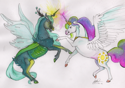 Size: 1024x722 | Tagged: safe, artist:sagastuff94, princess celestia, queen chrysalis, alicorn, changeling, changeling queen, horse, pony, g4, female, fight, hoers, mare, princess celestia is a horse, traditional art