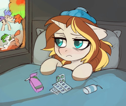 Size: 1280x1075 | Tagged: safe, artist:fensu-san, oc, oc only, oc:caroline sunshine, pony, unicorn, bed, blanket, colored pupils, cover, female, floppy ears, ice pack, mare, pillow, pills, sick, solo, window