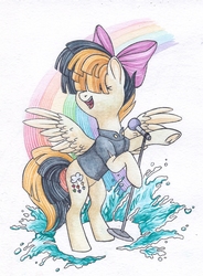 Size: 1060x1444 | Tagged: safe, artist:red-watercolor, songbird serenade, pegasus, pony, g4, my little pony: the movie, bipedal, female, mare, microphone, microphone stand, rainbow, solo