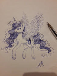 Size: 720x960 | Tagged: dead source, safe, artist:crystalraimbow, princess luna, alicorn, pony, g4, ballpoint pen, female, ink drawing, mare, missing accessory, monochrome, simple background, solo, traditional art, white background