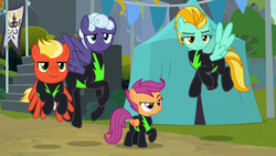 Size: 1280x720 | Tagged: safe, screencap, lightning dust, rolling thunder, scootaloo, short fuse, pegasus, pony, g4, the washouts (episode), clothes, female, filly, flag, flying, foal, male, mare, pint-sized dynamite, raised eyebrow, recruitment, stallion, tent, the washouts, uniform, washouts uniform