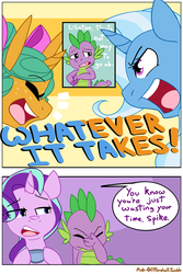 Size: 1280x1920 | Tagged: safe, artist:kryptchild, snails, spike, starlight glimmer, trixie, dragon, pony, unicorn, ask glitter shell, comic:glim glam and pals, g4, alternate hairstyle, bow, comic, crossdressing, cup, excited, facepalm, female, glitter shell, hair bow, male, mare, open mouth, speech bubble, teacup, yelling