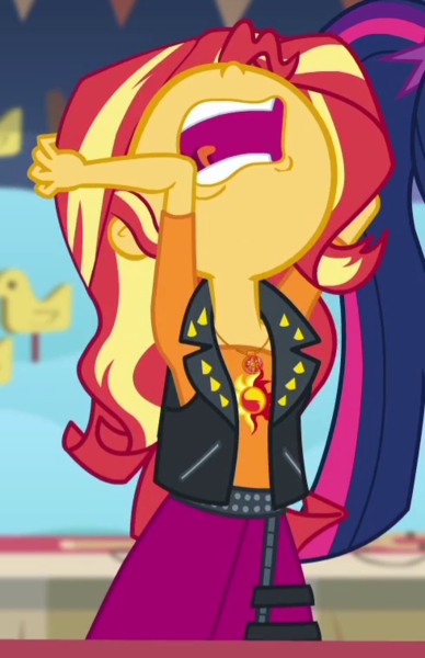 1836667 - safe, screencap, sci-twi, sunset shimmer, twilight sparkle,  equestria girls, equestria girls series, rollercoaster of friendship,  aaugh!, cropped, female, nose in the air, offscreen character, rageset  shimmer, volumetric mouth - Derpibooru