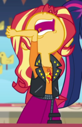 Size: 489x756 | Tagged: safe, screencap, sci-twi, sunset shimmer, twilight sparkle, equestria girls, equestria girls series, g4, rollercoaster of friendship, aaugh!, come on, cropped, female, nose in the air, offscreen character, open mouth, rageset shimmer, uvula, volumetric mouth