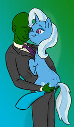 Size: 640x1092 | Tagged: safe, artist:vinny, trixie, oc, oc:anon, human, pony, g4, anonymous, cheek to cheek, duo, gradient background, holding a pony